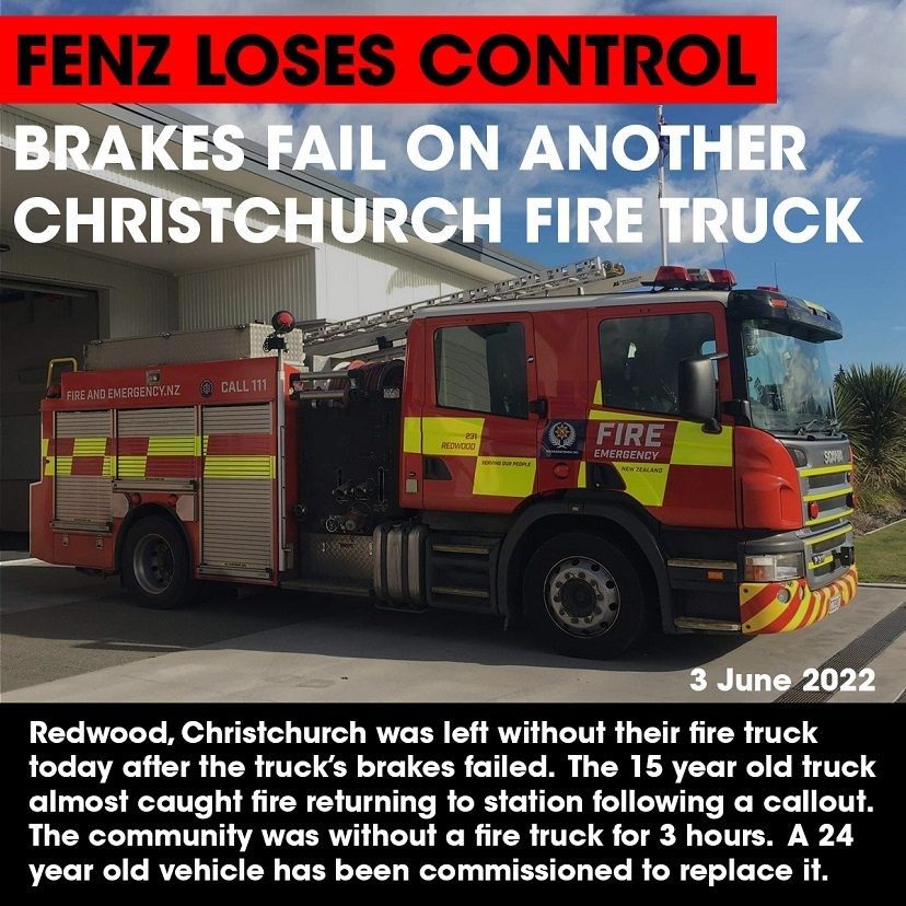 Brakes fail on another Christchurch fire truck